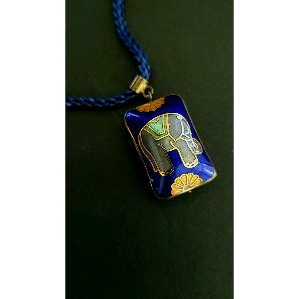 Blue Cloisonne Enamel Elephant Pendant Necklace Braided Cord 29in 14.5mm